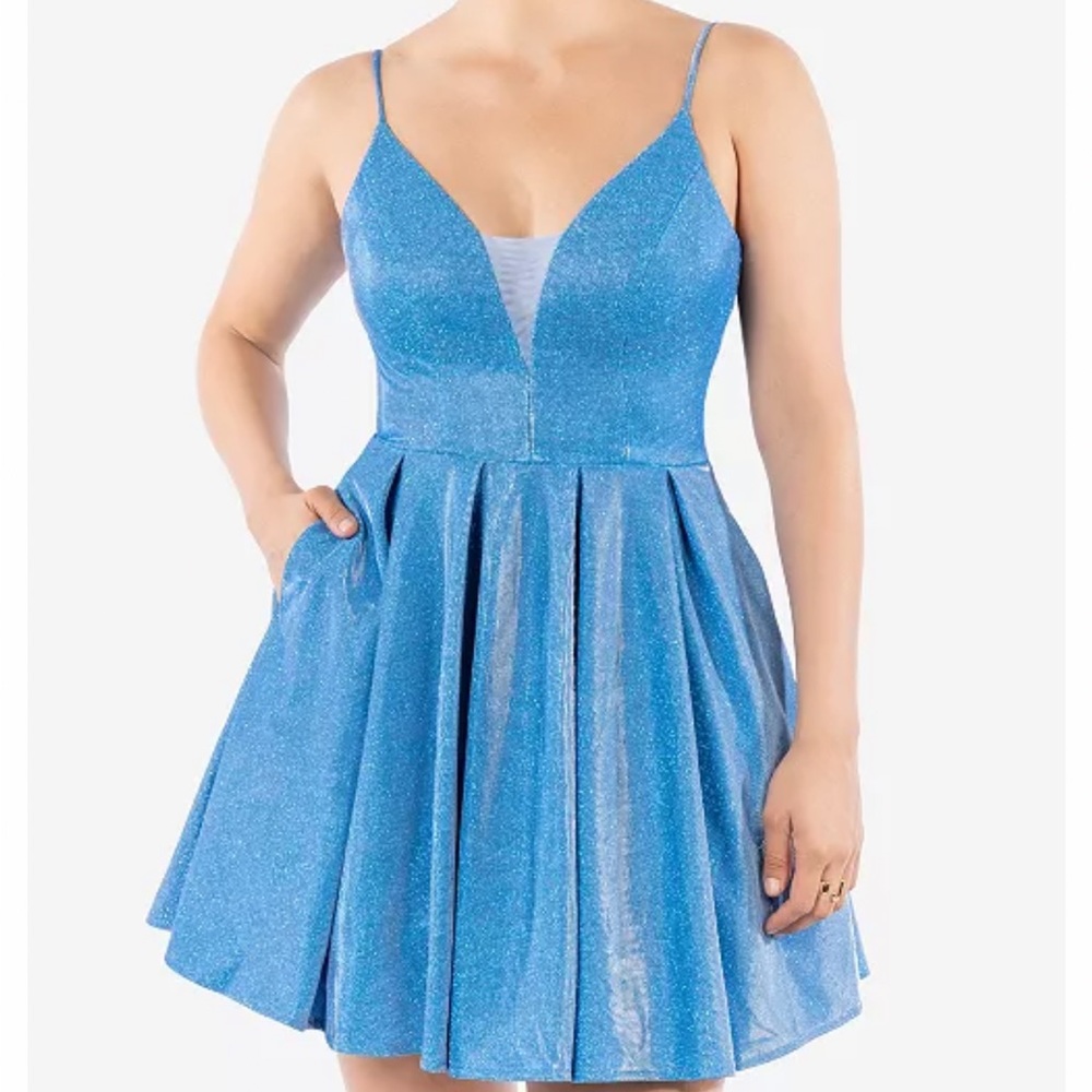 B Darlin Juniors’ Glitter Mesh Skater Dress size- 15/16 color-blue